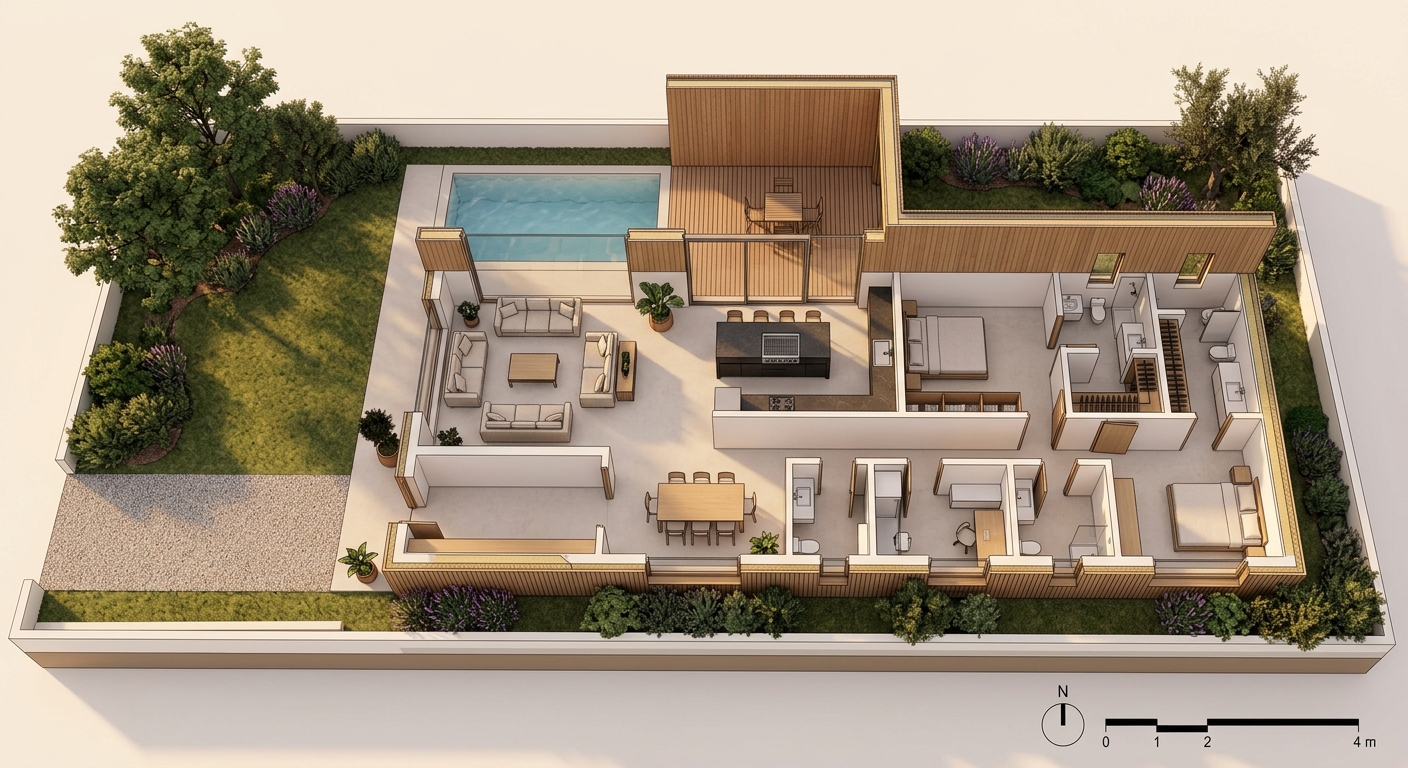 Axonometria 3D dollhouse — Villa Algarve vista de cima com telhado removido, mostrando distribuição interior, piscina, terraço e envolvente ajardinada