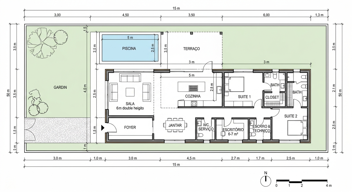 Planta técnica cotada — Villa Algarve · lote 15×50 m com jardim, piscina, terraço, sala, cozinha, jantar, foyer, 2 suites com closet, WC serviço e escritório