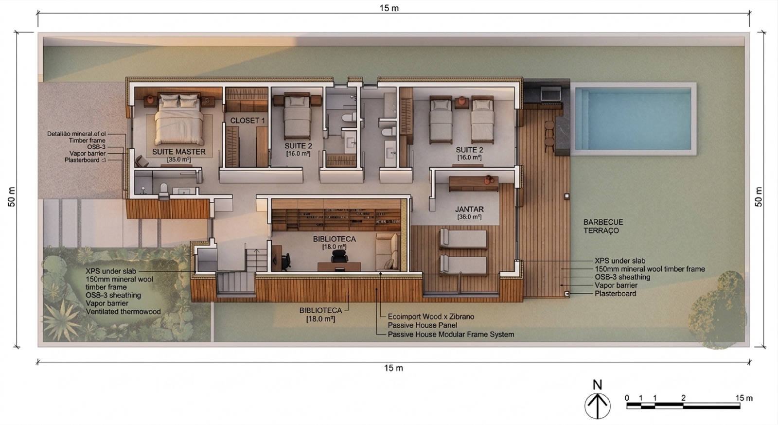 Axonometria 3D dollhouse — Villa Algoz vista de cima com telhado removido, mostrando distribuição interior, piscina, terraço e envolvente ajardinada