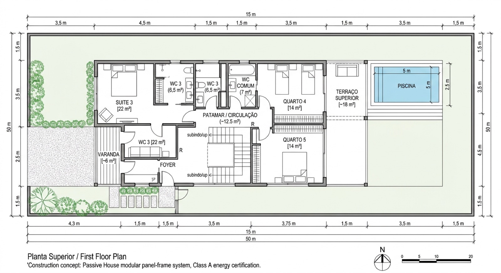 Planta técnica cotada — Villa Algoz · lote 15×50 m com suite master, 2 suites, biblioteca, WCs, terraço com piscina e jardim