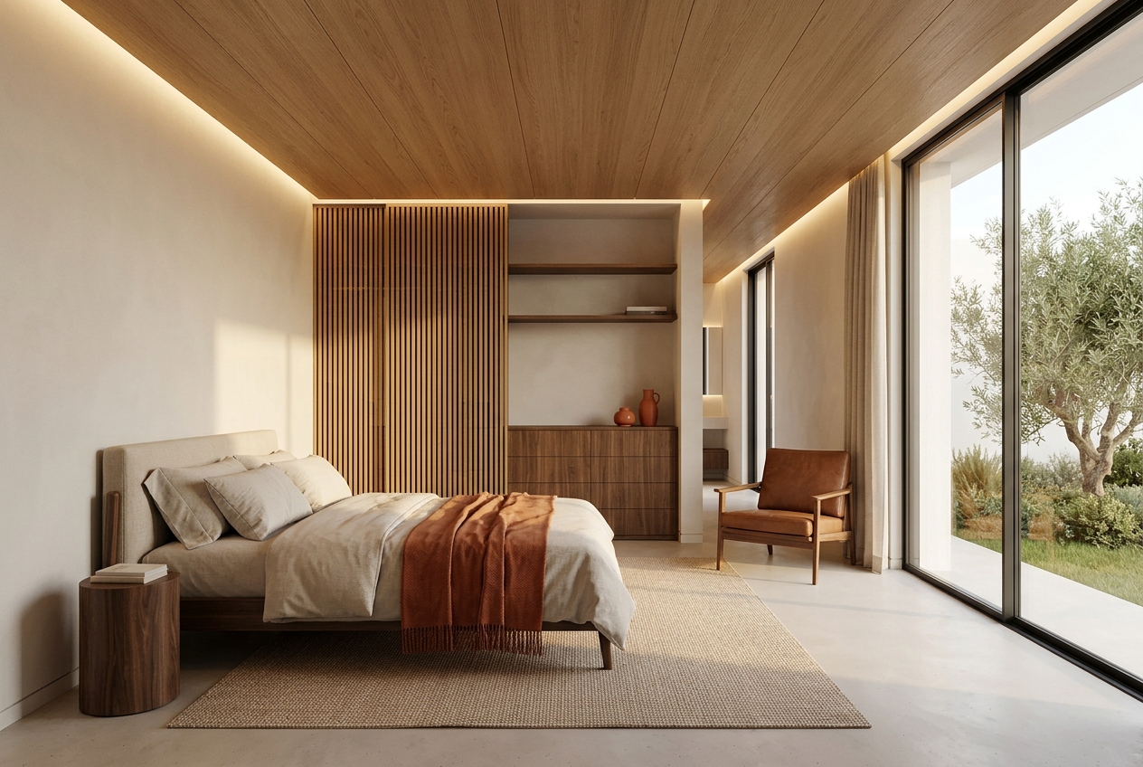 Suite com painéis de madeira