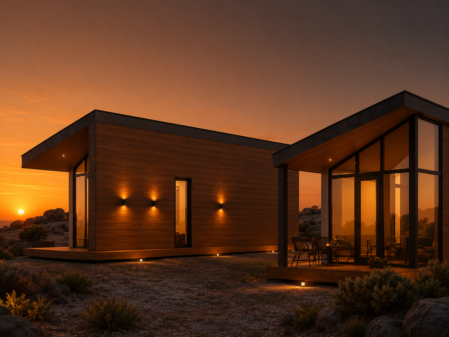 Casa Ecoimport Wood no Algoz ao pôr do sol